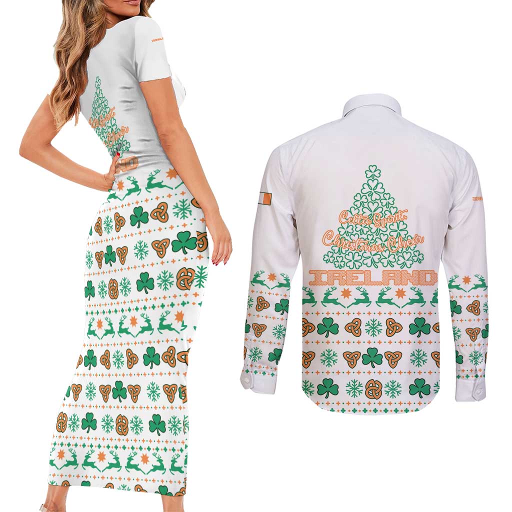 Ireland Christmas Couples Matching Short Sleeve Bodycon Dress and Long Sleeve Button Shirt with Celtic Knot Shamrock and Tricolor Holiday Pattern - Wonder Print Shop
