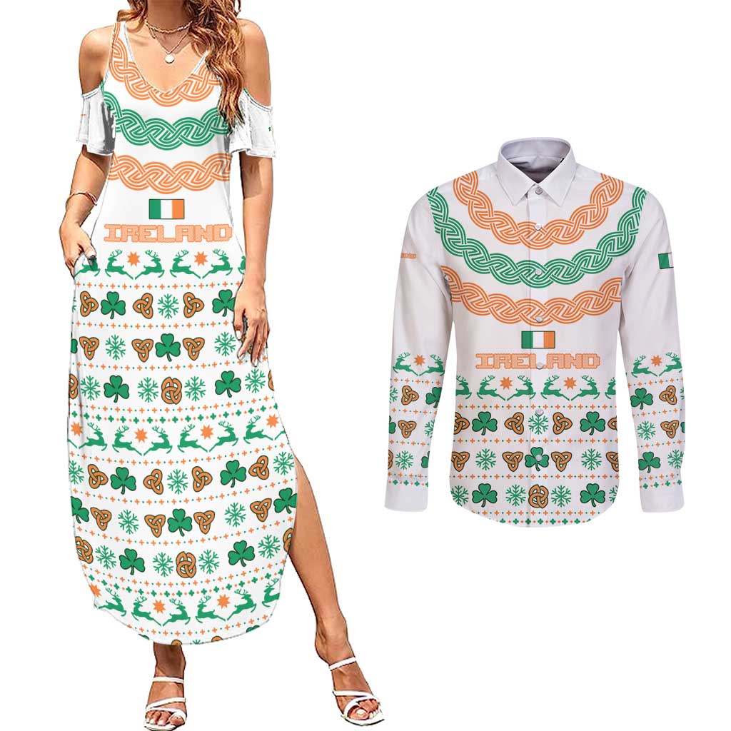Ireland Christmas Couples Matching Summer Maxi Dress and Long Sleeve Button Shirt with Celtic Knot Shamrock and Tricolor Holiday Pattern - Wonder Print Shop