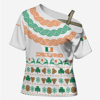 Ireland Christmas Cross Shoulder Shirt with Celtic Knot Shamrock and Tricolor Holiday Pattern - Wonder Print Shop