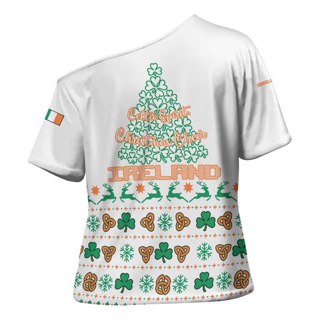 Ireland Christmas Cross Shoulder Shirt with Celtic Knot Shamrock and Tricolor Holiday Pattern - Wonder Print Shop