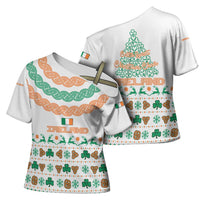 Ireland Christmas Cross Shoulder Shirt with Celtic Knot Shamrock and Tricolor Holiday Pattern - Wonder Print Shop