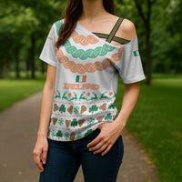 Ireland Christmas Cross Shoulder Shirt with Celtic Knot Shamrock and Tricolor Holiday Pattern - Wonder Print Shop
