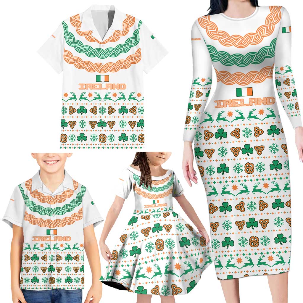 Ireland Christmas Family Matching Long Sleeve Bodycon Dress and Hawaiian Shirt with Celtic Knot Shamrock and Tricolor Holiday Pattern - Wonder Print Shop