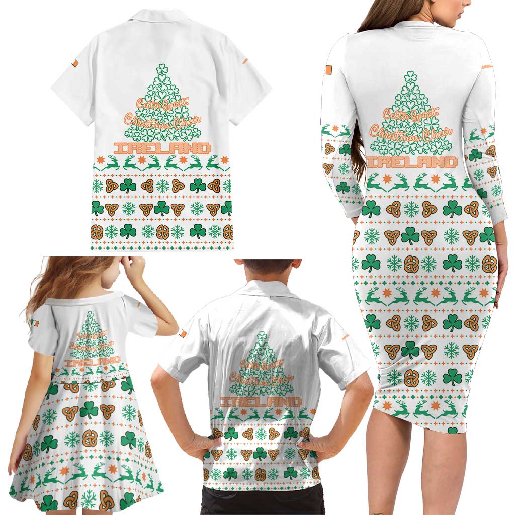 Ireland Christmas Family Matching Long Sleeve Bodycon Dress and Hawaiian Shirt with Celtic Knot Shamrock and Tricolor Holiday Pattern - Wonder Print Shop