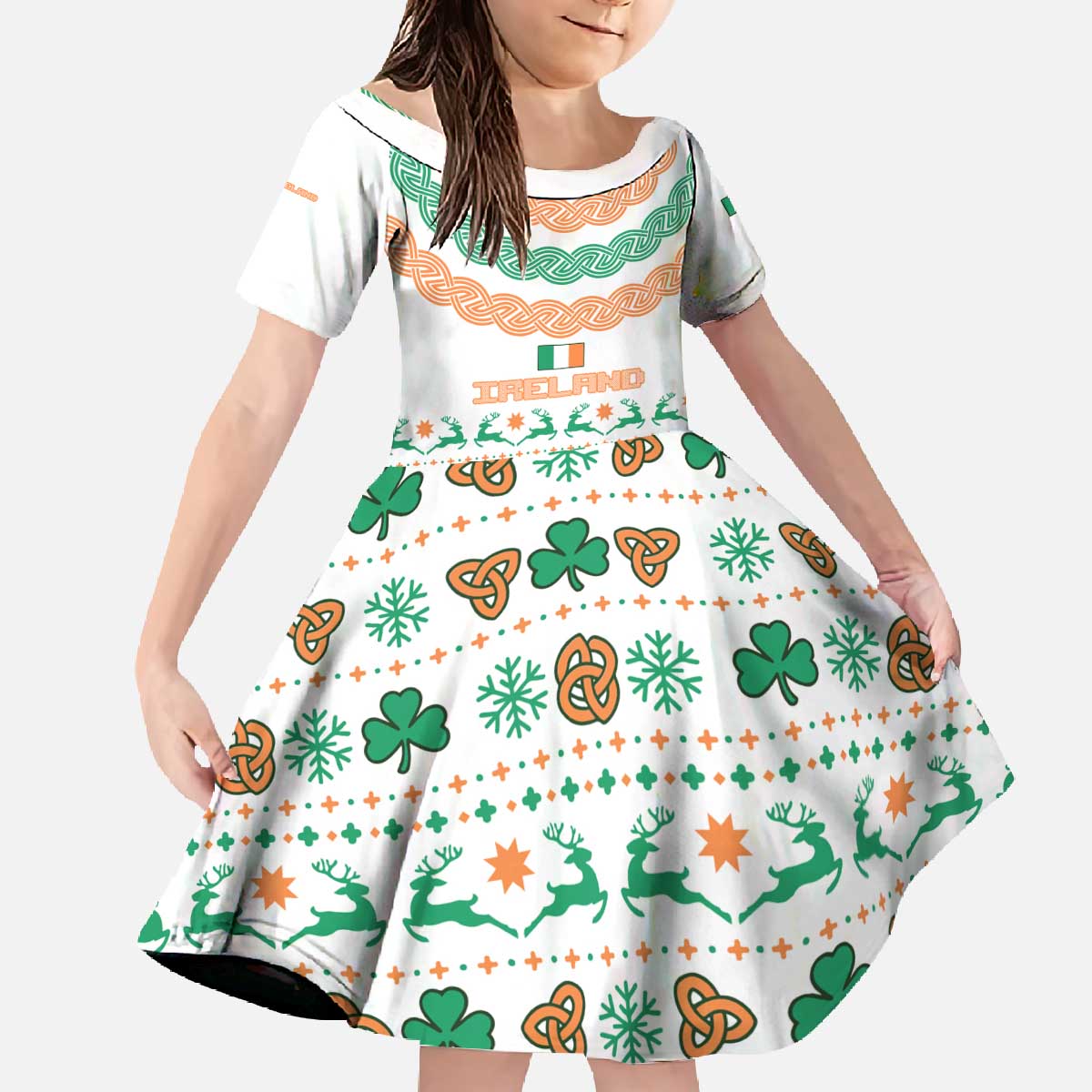 Ireland Christmas Family Matching Off The Shoulder Long Sleeve Dress and Hawaiian Shirt with Celtic Knot Shamrock and Tricolor Holiday Pattern - Wonder Print Shop