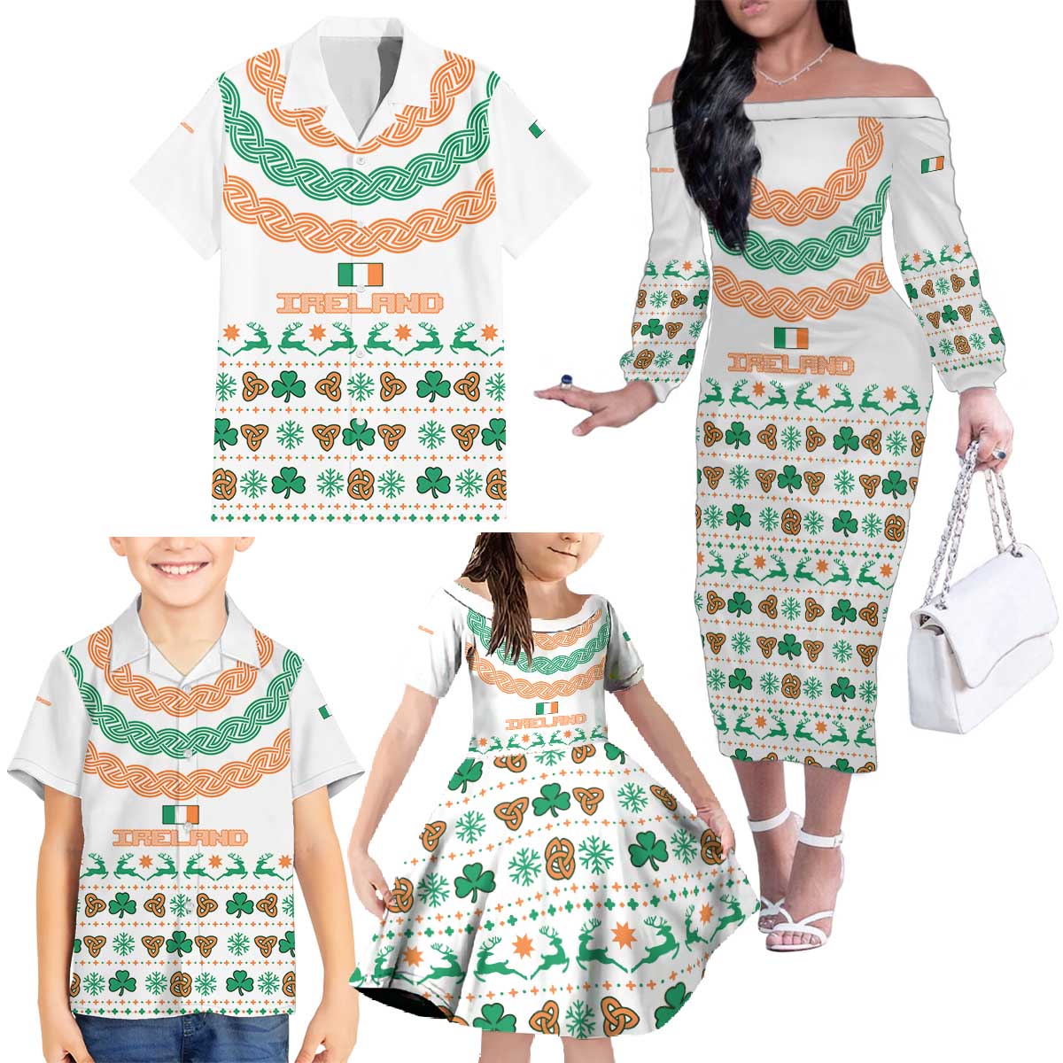 Ireland Christmas Family Matching Off The Shoulder Long Sleeve Dress and Hawaiian Shirt with Celtic Knot Shamrock and Tricolor Holiday Pattern - Wonder Print Shop
