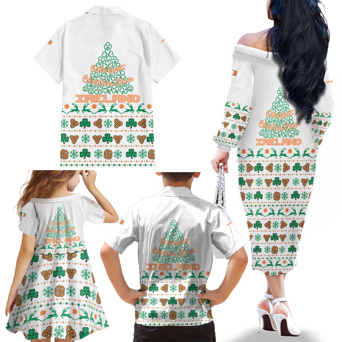 Ireland Christmas Family Matching Off The Shoulder Long Sleeve Dress and Hawaiian Shirt with Celtic Knot Shamrock and Tricolor Holiday Pattern - Wonder Print Shop