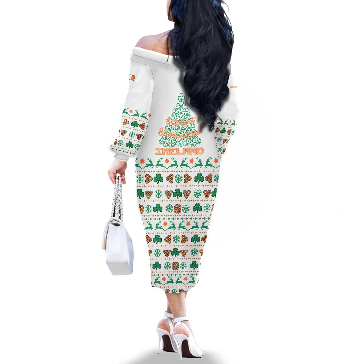 Ireland Christmas Family Matching Off The Shoulder Long Sleeve Dress and Hawaiian Shirt with Celtic Knot Shamrock and Tricolor Holiday Pattern - Wonder Print Shop