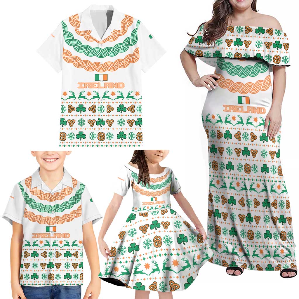 Ireland Christmas Family Matching Off Shoulder Maxi Dress and Hawaiian Shirt with Celtic Knot Shamrock and Tricolor Holiday Pattern - Wonder Print Shop