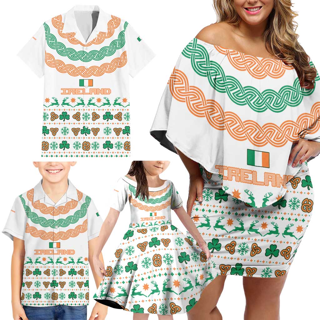 Ireland Christmas Family Matching Off Shoulder Short Dress and Hawaiian Shirt with Celtic Knot Shamrock and Tricolor Holiday Pattern - Wonder Print Shop