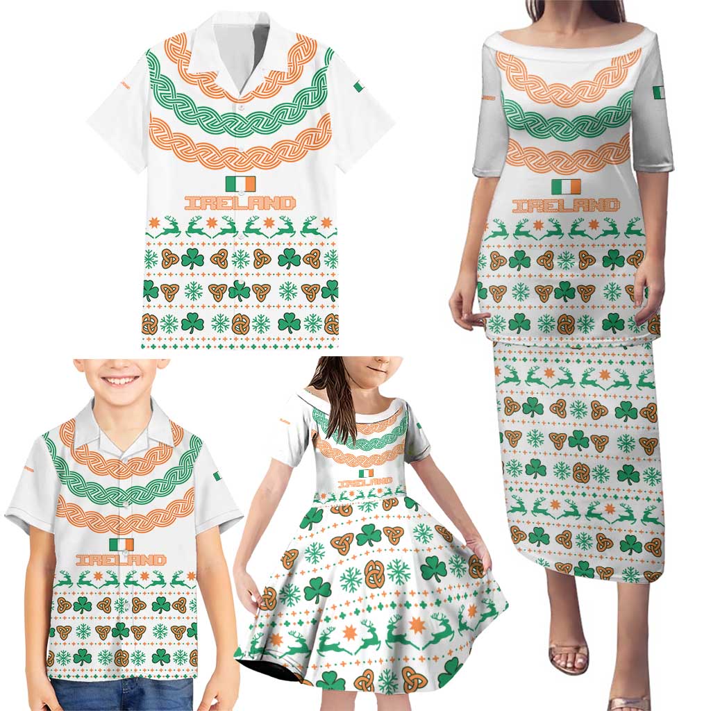 Ireland Christmas Family Matching Puletasi and Hawaiian Shirt with Celtic Knot Shamrock and Tricolor Holiday Pattern - Wonder Print Shop