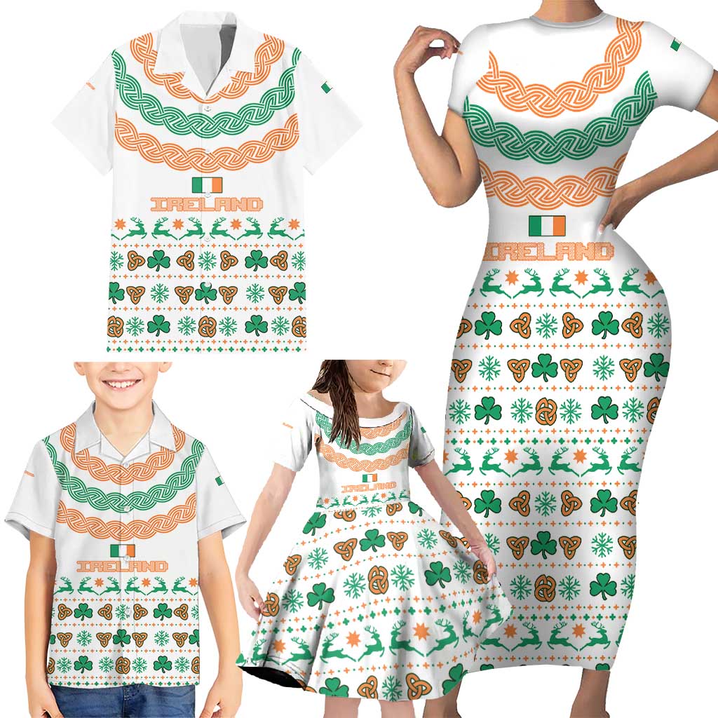 Ireland Christmas Family Matching Short Sleeve Bodycon Dress and Hawaiian Shirt with Celtic Knot Shamrock and Tricolor Holiday Pattern - Wonder Print Shop