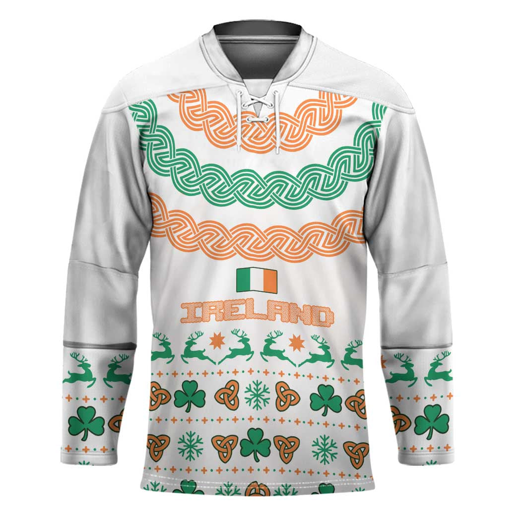Ireland Christmas Hockey Jersey with Celtic Knot Shamrock and Tricolor Holiday Pattern - Wonder Print Shop