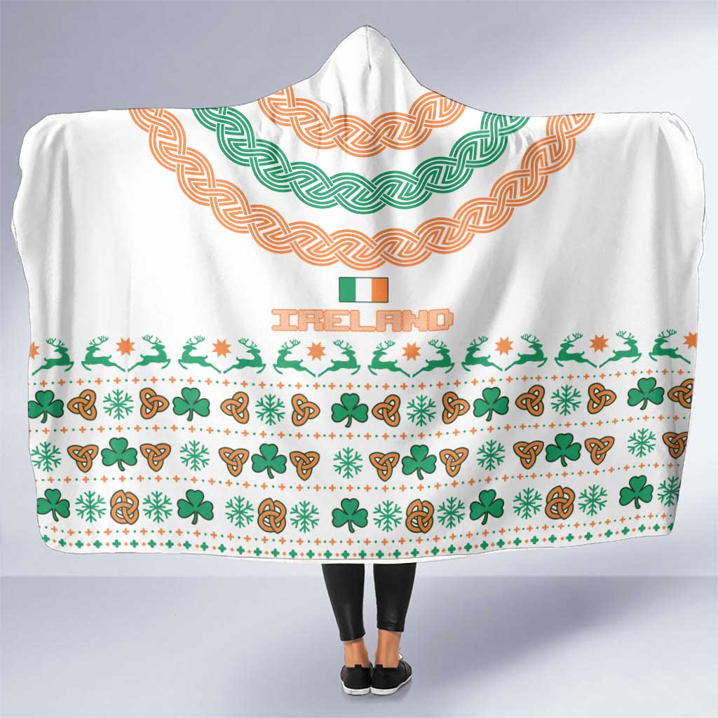 Ireland Christmas Hooded Blanket with Celtic Knot Shamrock and Tricolor Holiday Pattern - Wonder Print Shop