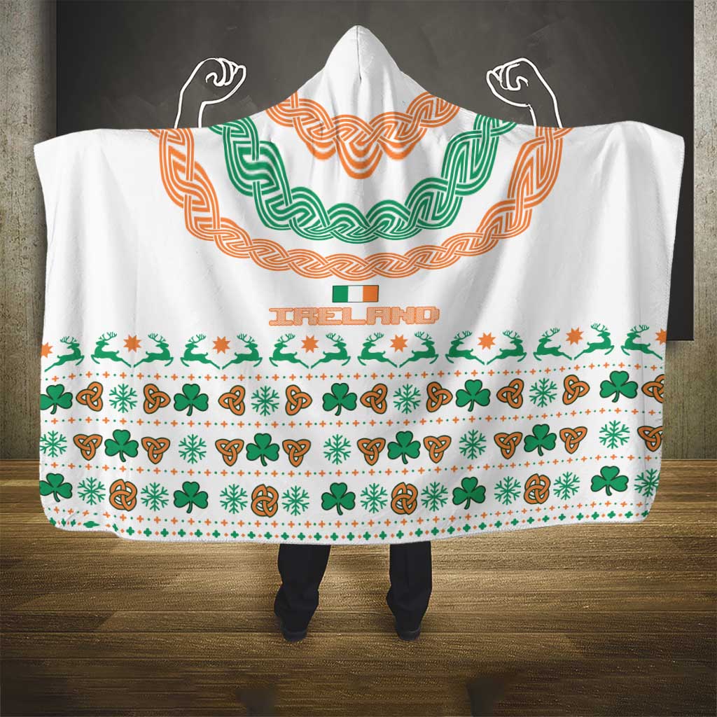 Ireland Christmas Hooded Blanket with Celtic Knot Shamrock and Tricolor Holiday Pattern - Wonder Print Shop