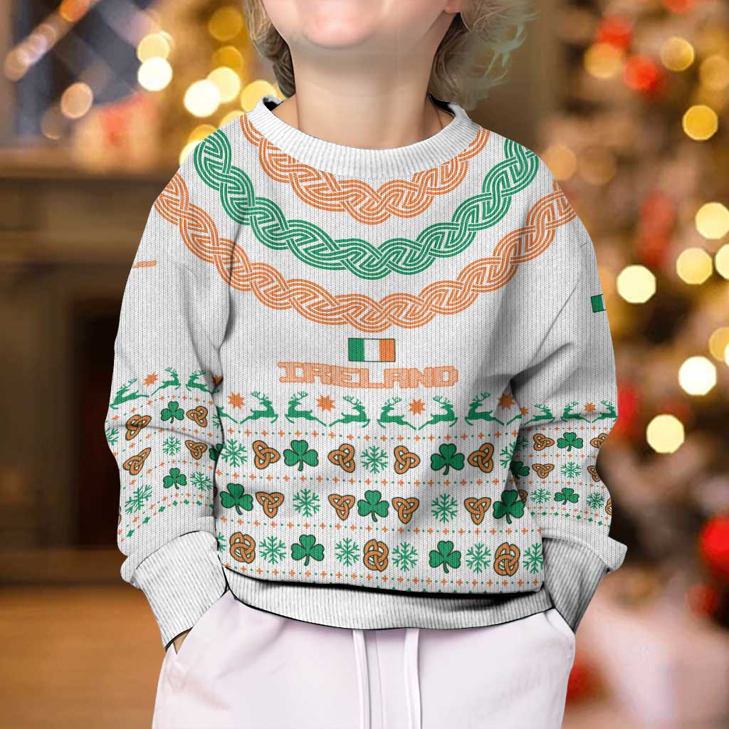 Ireland Christmas Kid Ugly Christmas Sweater with Celtic Knot Shamrock and Tricolor Holiday Pattern - Wonder Print Shop