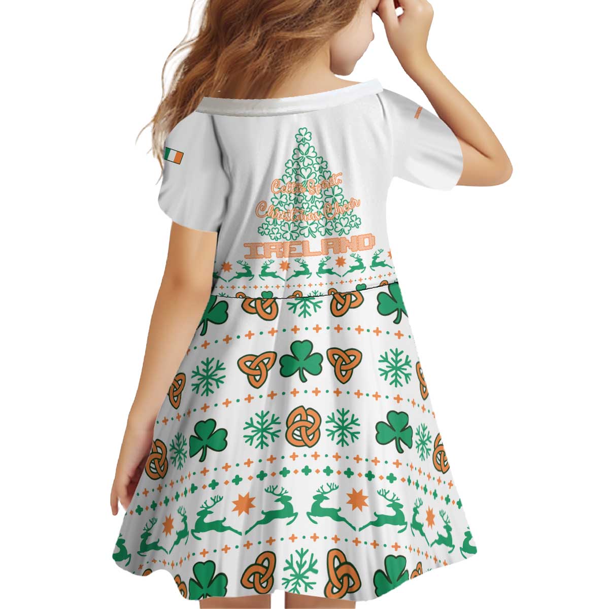 Ireland Christmas Kid Short Sleeve Dress with Celtic Knot Shamrock and Tricolor Holiday Pattern - Wonder Print Shop