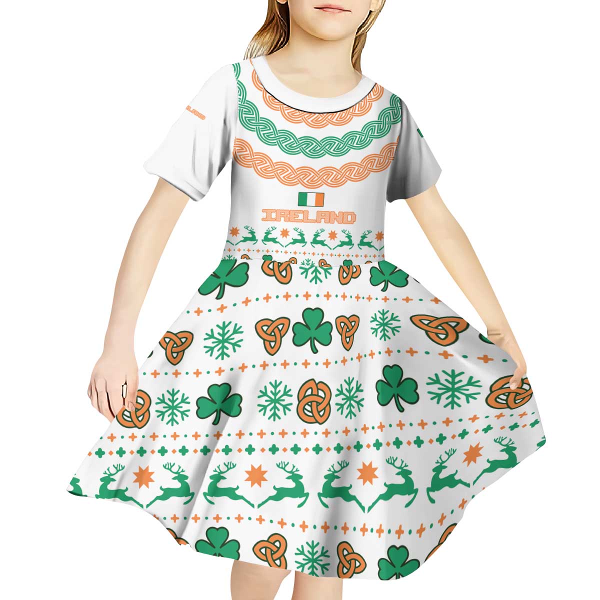 Ireland Christmas Kid Short Sleeve Dress with Celtic Knot Shamrock and Tricolor Holiday Pattern - Wonder Print Shop