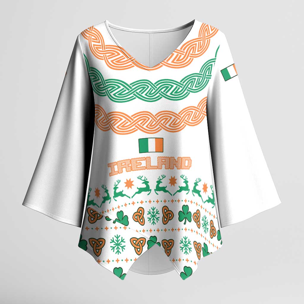 Ireland Christmas Kimono Sleeve Blouse with Celtic Knot Shamrock and Tricolor Holiday Pattern - Wonder Print Shop