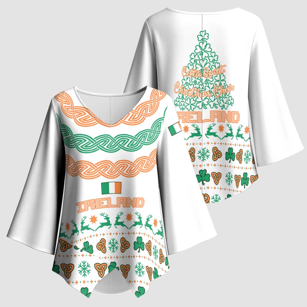 Ireland Christmas Kimono Sleeve Blouse with Celtic Knot Shamrock and Tricolor Holiday Pattern - Wonder Print Shop