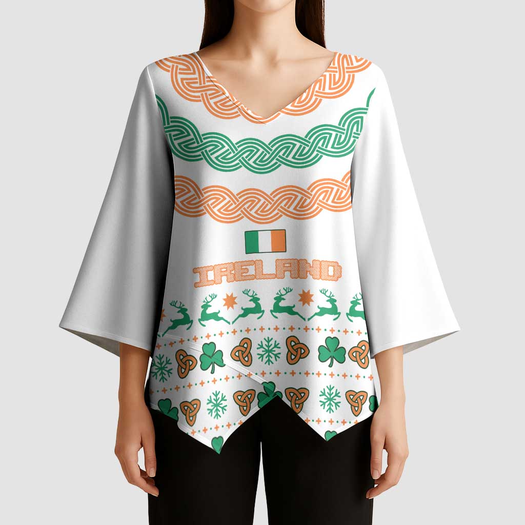 Ireland Christmas Kimono Sleeve Blouse with Celtic Knot Shamrock and Tricolor Holiday Pattern - Wonder Print Shop