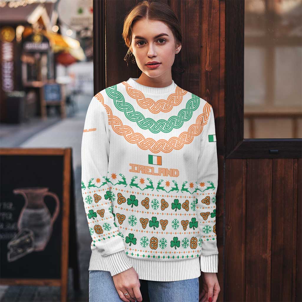 Ireland Christmas Ugly Christmas Sweater with Celtic Knot Shamrock and Tricolor Holiday Pattern - Wonder Print Shop