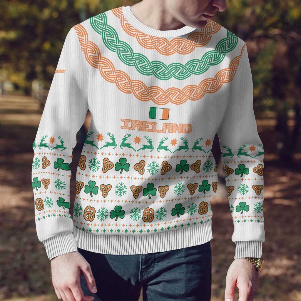 Ireland Christmas Ugly Christmas Sweater with Celtic Knot Shamrock and Tricolor Holiday Pattern - Wonder Print Shop