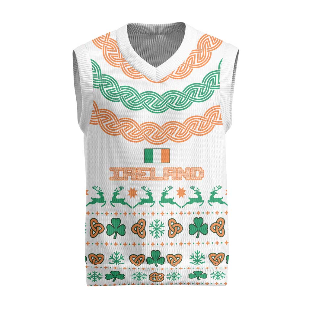 Ireland Christmas Knitted V-Neck Vest with Celtic Knot Shamrock and Tricolor Holiday Pattern - Wonder Print Shop