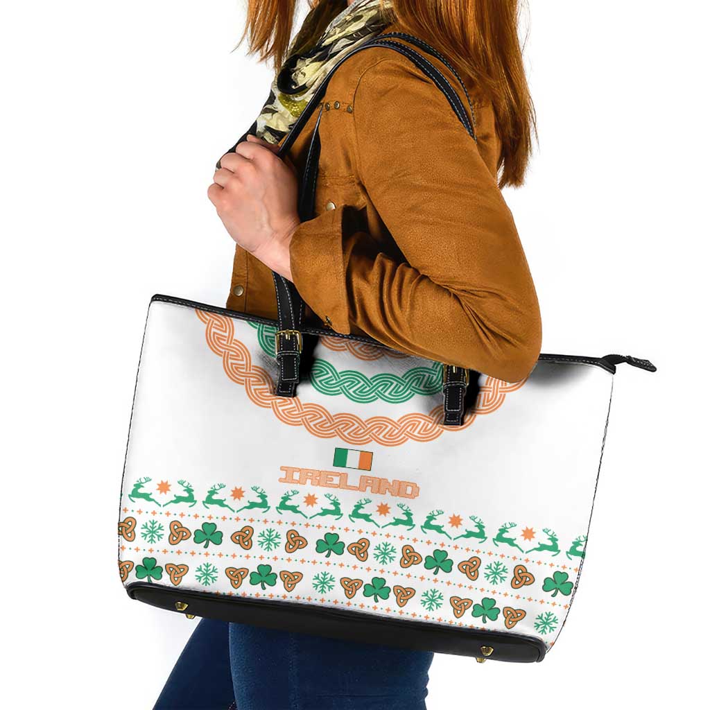 Ireland Christmas Leather Tote Bag with Celtic Knot Shamrock and Tricolor Holiday Pattern - Wonder Print Shop