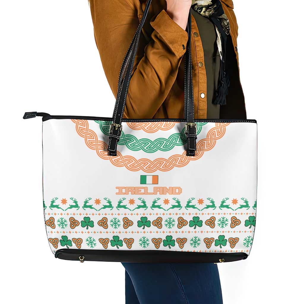 Ireland Christmas Leather Tote Bag with Celtic Knot Shamrock and Tricolor Holiday Pattern - Wonder Print Shop