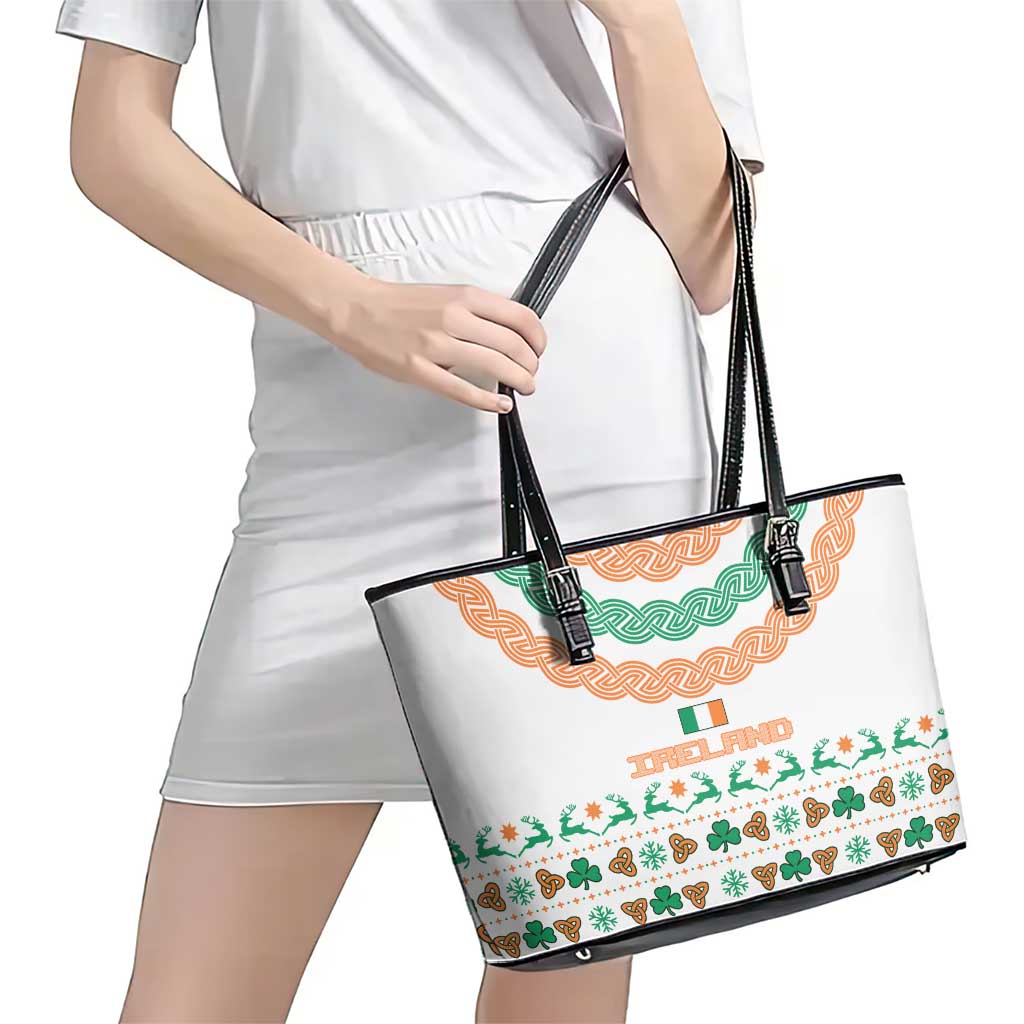 Ireland Christmas Leather Tote Bag with Celtic Knot Shamrock and Tricolor Holiday Pattern - Wonder Print Shop