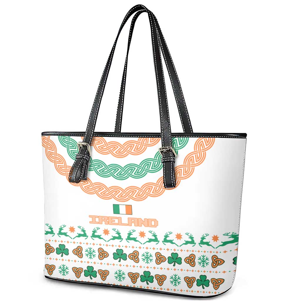 Ireland Christmas Leather Tote Bag with Celtic Knot Shamrock and Tricolor Holiday Pattern - Wonder Print Shop