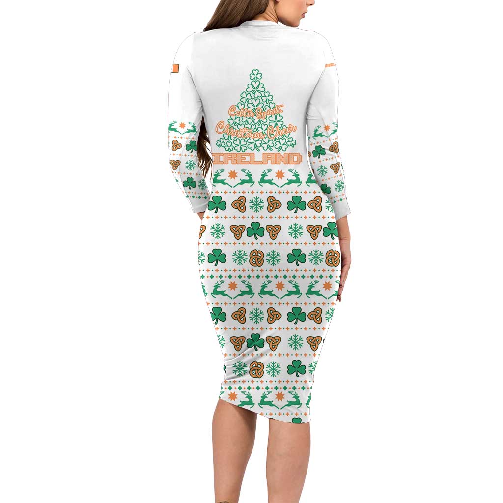 Ireland Christmas Long Sleeve Bodycon Dress with Celtic Knot Shamrock and Tricolor Holiday Pattern - Wonder Print Shop