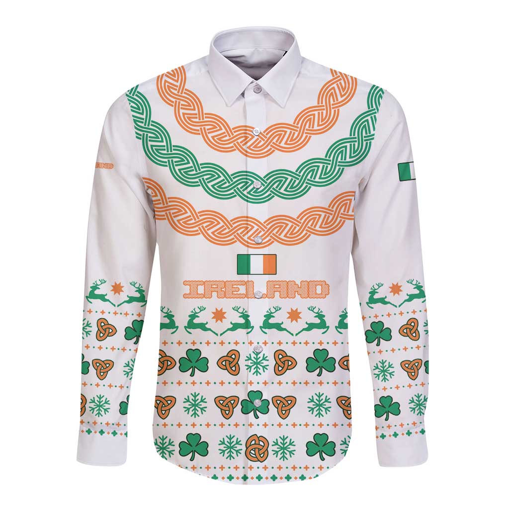 Ireland Christmas Long Sleeve Button Shirt with Celtic Knot Shamrock and Tricolor Holiday Pattern - Wonder Print Shop