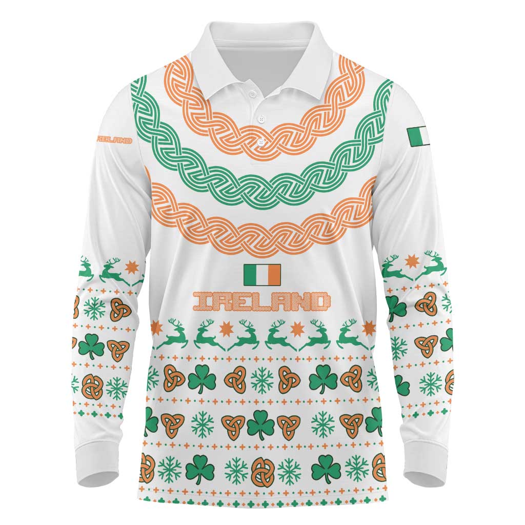 Ireland Christmas Long Sleeve Polo Shirt with Celtic Knot Shamrock and Tricolor Holiday Pattern - Wonder Print Shop