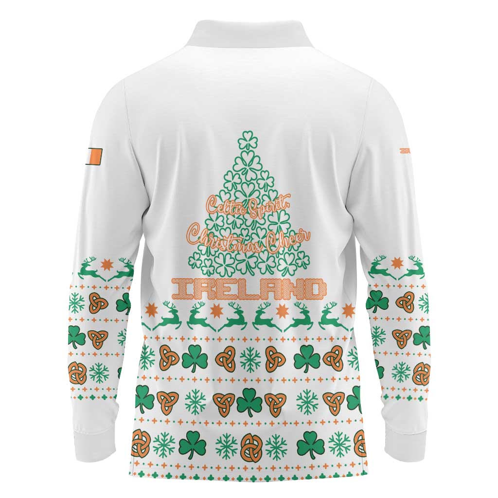 Ireland Christmas Long Sleeve Polo Shirt with Celtic Knot Shamrock and Tricolor Holiday Pattern - Wonder Print Shop