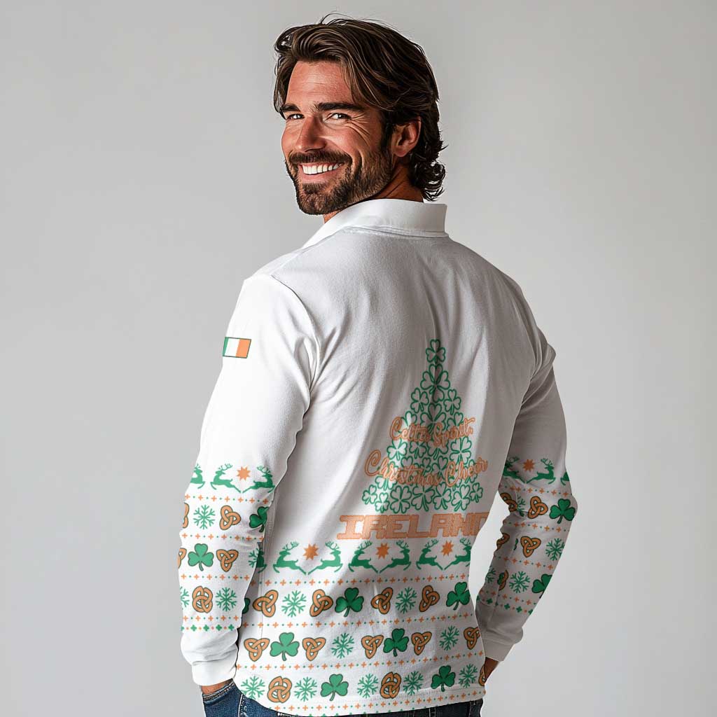 Ireland Christmas Long Sleeve Polo Shirt with Celtic Knot Shamrock and Tricolor Holiday Pattern - Wonder Print Shop