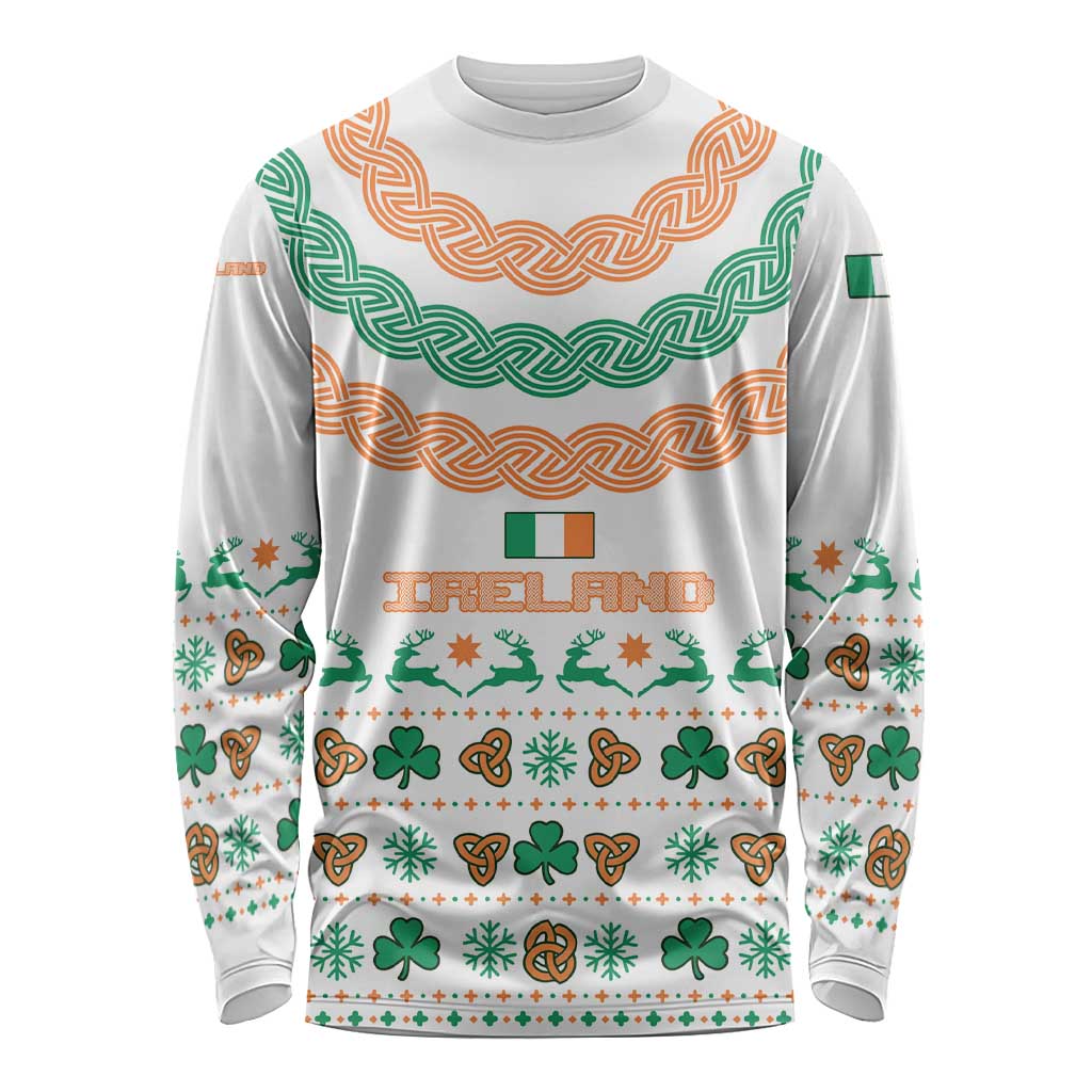 Ireland Christmas Long Sleeve Shirt with Celtic Knot Shamrock and Tricolor Holiday Pattern - Wonder Print Shop