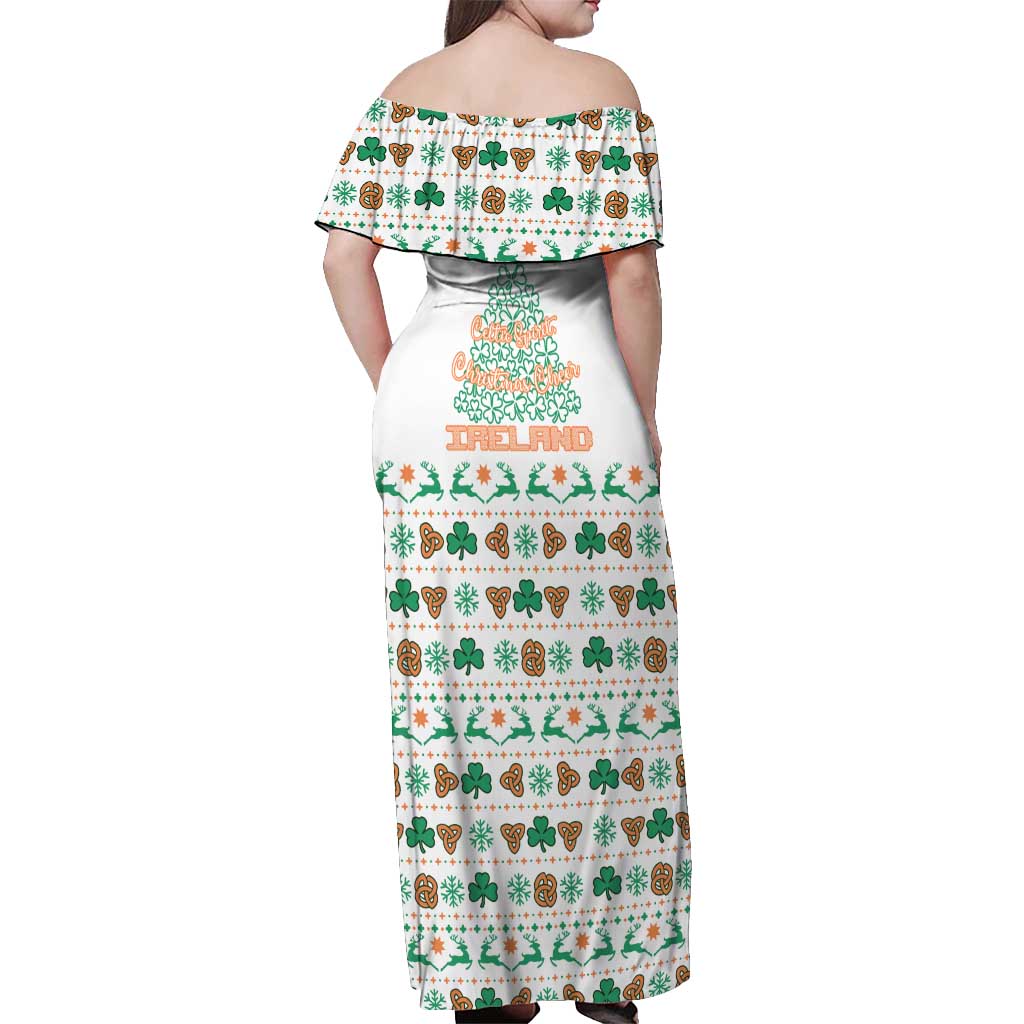 Ireland Christmas Off Shoulder Maxi Dress with Celtic Knot Shamrock and Tricolor Holiday Pattern - Wonder Print Shop