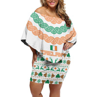 Ireland Christmas Off Shoulder Short Dress with Celtic Knot Shamrock and Tricolor Holiday Pattern - Wonder Print Shop