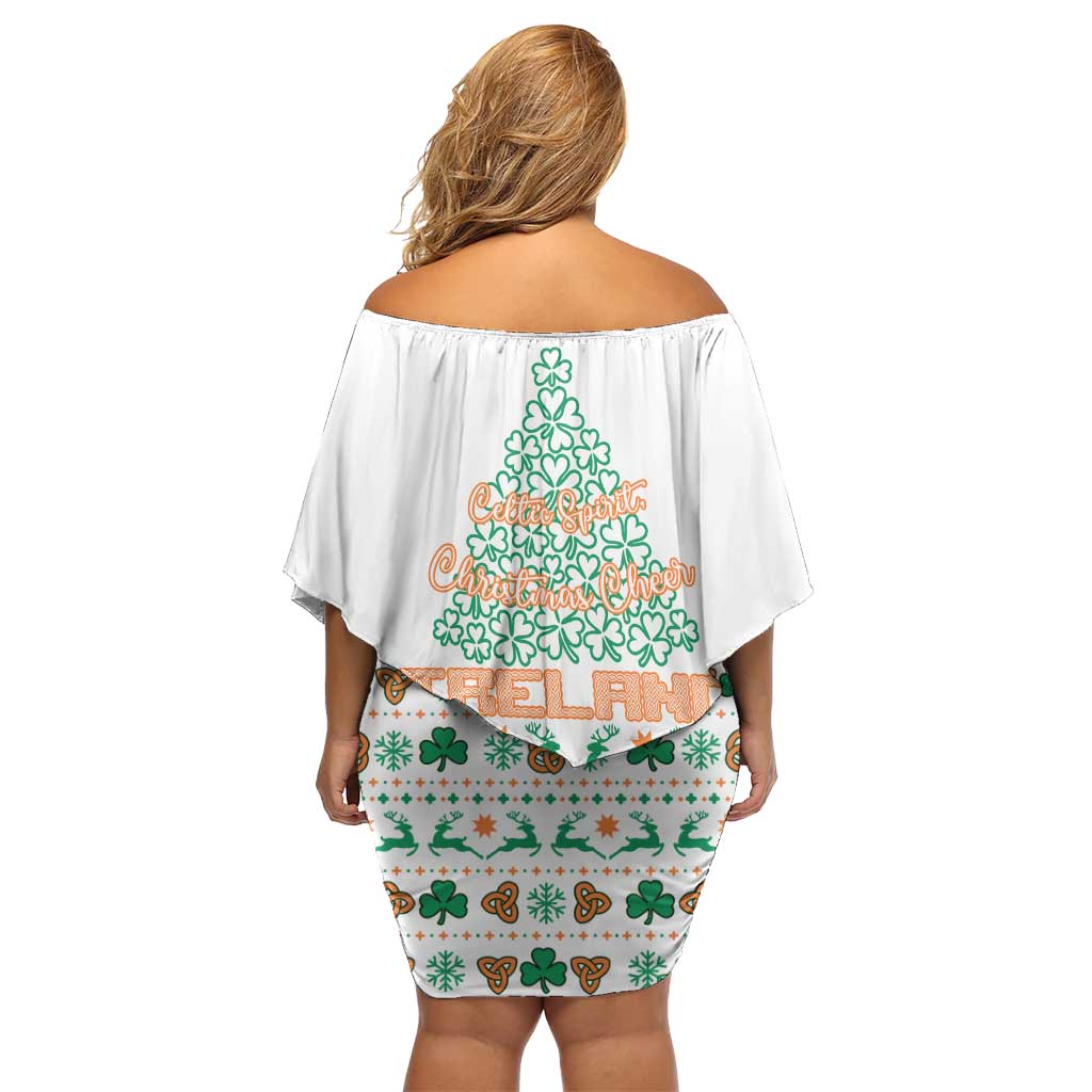 Ireland Christmas Off Shoulder Short Dress with Celtic Knot Shamrock and Tricolor Holiday Pattern - Wonder Print Shop