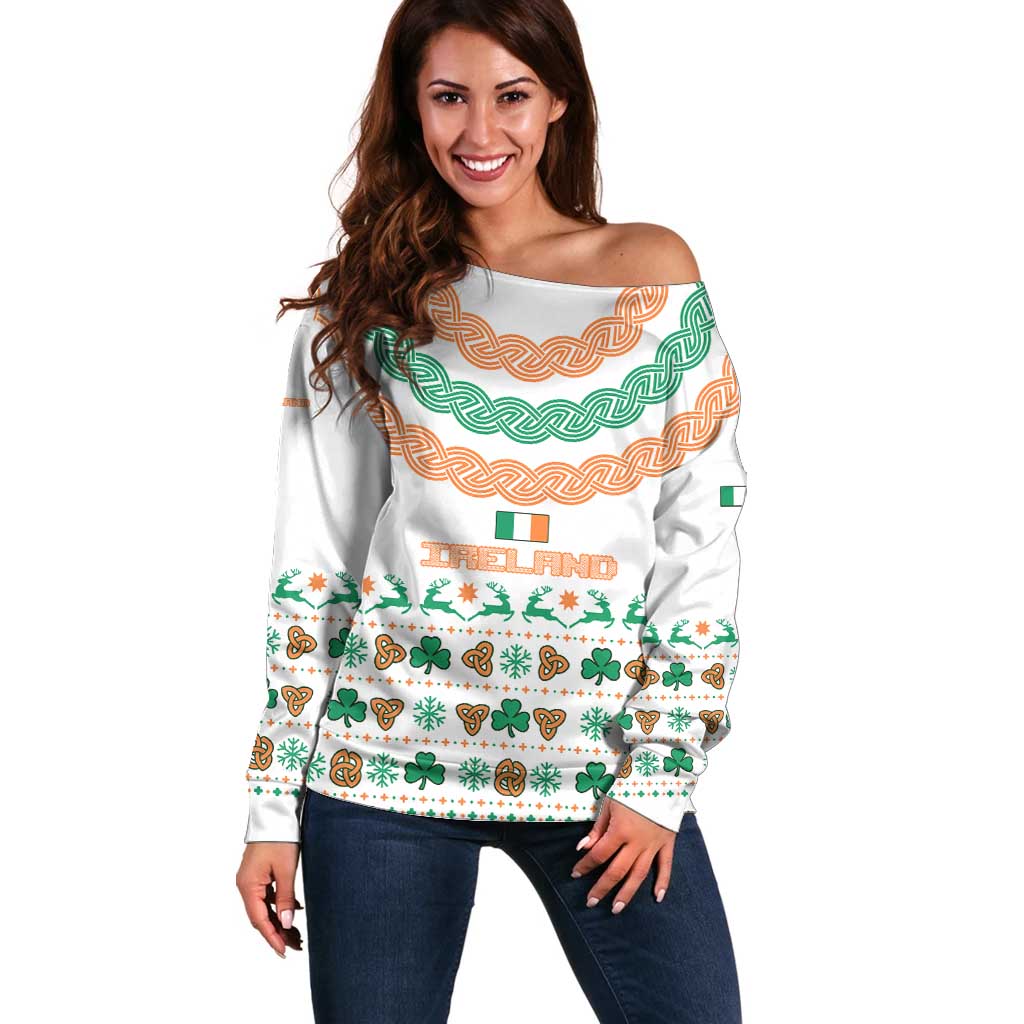 Ireland Christmas Off Shoulder Sweater with Celtic Knot Shamrock and Tricolor Holiday Pattern - Wonder Print Shop
