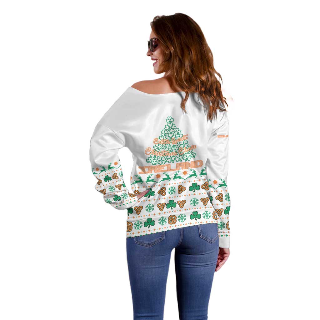 Ireland Christmas Off Shoulder Sweater with Celtic Knot Shamrock and Tricolor Holiday Pattern - Wonder Print Shop