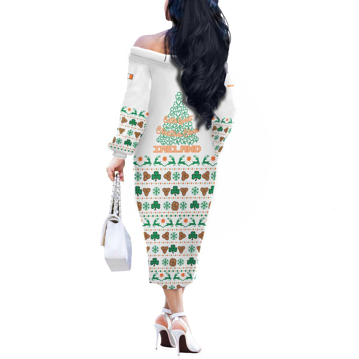 Ireland Christmas Off The Shoulder Long Sleeve Dress with Celtic Knot Shamrock and Tricolor Holiday Pattern - Wonder Print Shop