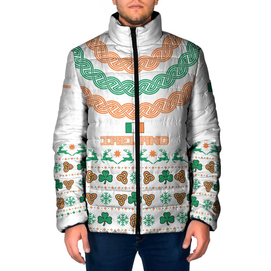 Ireland Christmas Padded Jacket with Celtic Knot Shamrock and Tricolor Holiday Pattern - Wonder Print Shop