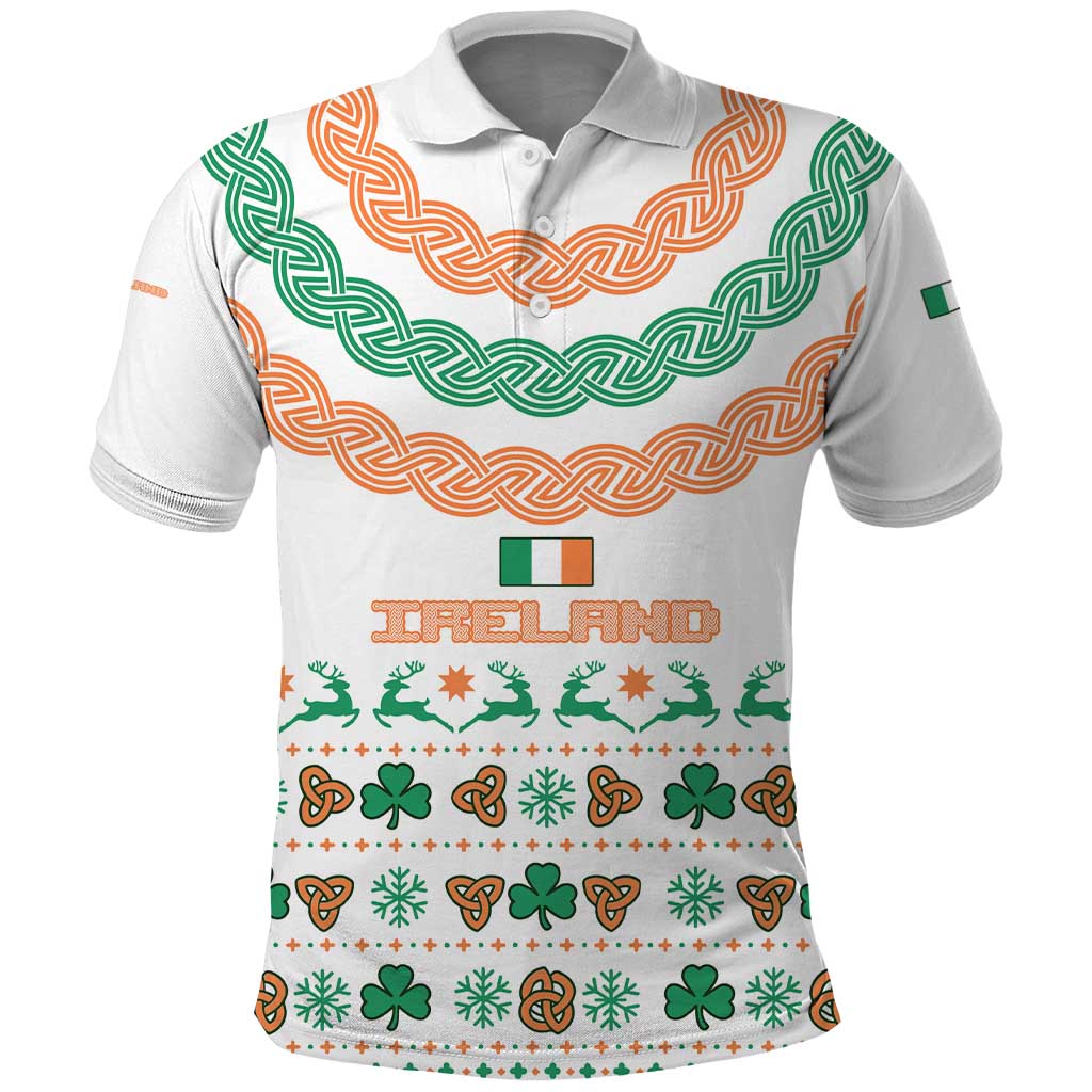 Ireland Christmas Polo Shirt with Celtic Knot Shamrock and Tricolor Holiday Pattern - Wonder Print Shop