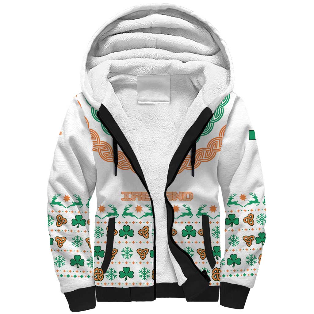 Ireland Christmas Sherpa Hoodie with Celtic Knot Shamrock and Tricolor Holiday Pattern - Wonder Print Shop