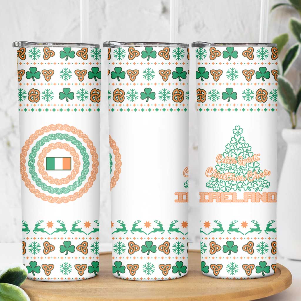 Ireland Christmas Skinny Tumbler with Celtic Knot Shamrock and Tricolor Holiday Pattern - Wonder Print Shop