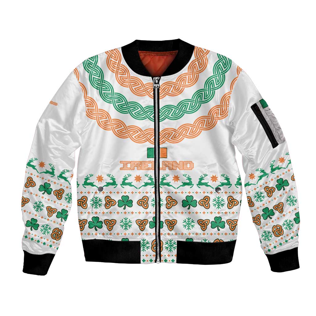 Ireland Christmas Sleeve Zip Bomber Jacket with Celtic Knot Shamrock and Tricolor Holiday Pattern - Wonder Print Shop