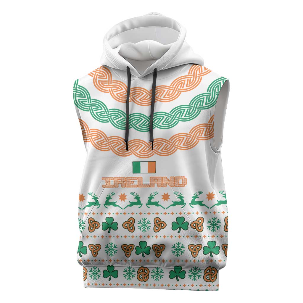 Ireland Christmas Sleeveless Hoodie with Celtic Knot Shamrock and Tricolor Holiday Pattern - Wonder Print Shop